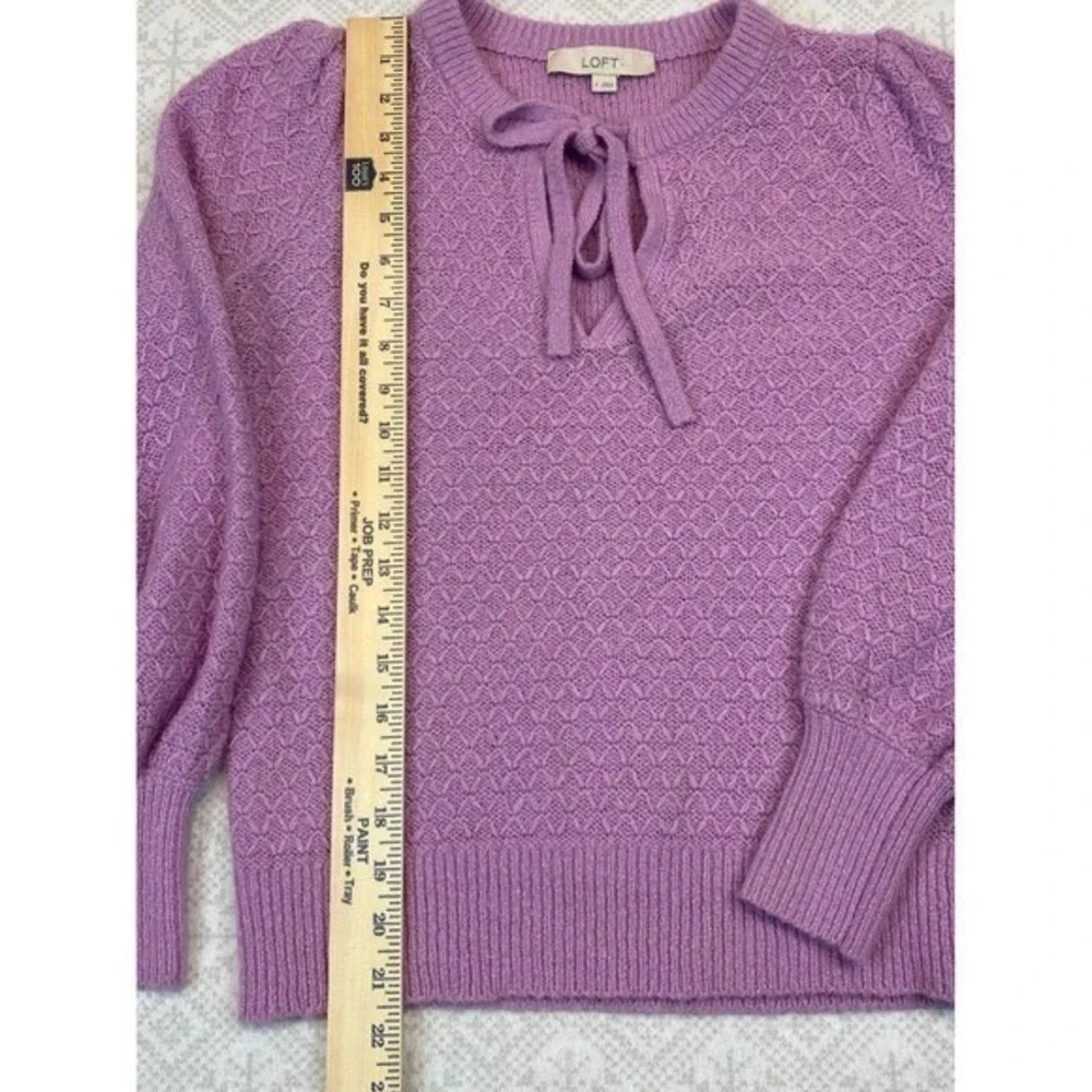 LOFT Sweater Womens Small Purple Tie‎ Neck Pointelle Knit Balloon Sleeve Cottage